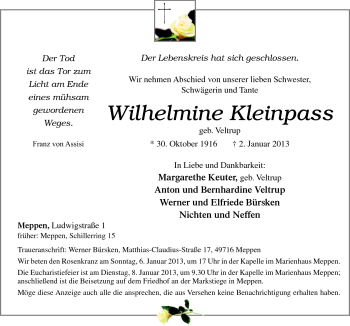 Traueranzeige von Wilhelmine Kleinpass von Neue Osnabrücker Zeitung GmbH & Co. KG