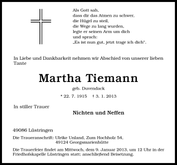 Traueranzeige von Martha Tiemann von Neue Osnabrücker Zeitung GmbH & Co. KG