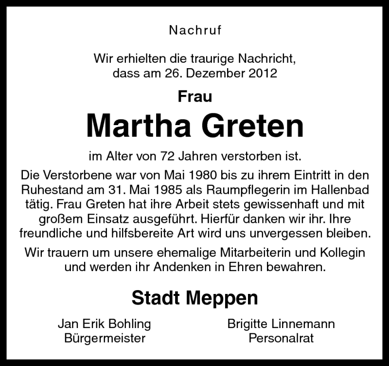  Traueranzeige für Martha Greten vom 07.01.2013 aus Neue Osnabrücker Zeitung GmbH & Co. KG