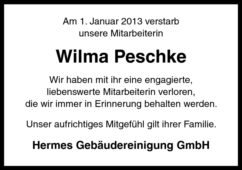  Traueranzeige für Wilma Peschke vom 07.01.2013 aus Neue Osnabrücker Zeitung GmbH & Co. KG
