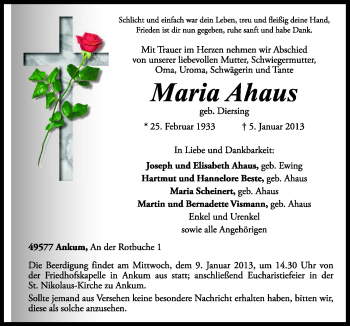 Traueranzeige von Maria Ahaus von Neue Osnabrücker Zeitung GmbH & Co. KG