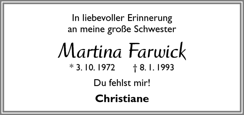  Traueranzeige für Martina Farwick vom 08.01.2013 aus Neue Osnabrücker Zeitung GmbH & Co. KG