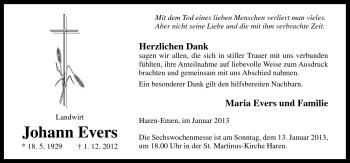 Traueranzeige von Johann Evers von Neue Osnabrücker Zeitung GmbH & Co. KG
