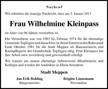 Traueranzeige von Wilhelmine Kleinpass von Neue Osnabrücker Zeitung GmbH & Co. KG