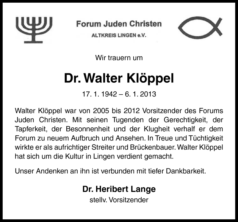  Traueranzeige für Walter Klöppel vom 09.01.2013 aus Neue Osnabrücker Zeitung GmbH & Co. KG