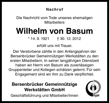 Traueranzeige von Wilhelm von Basum von Neue Osnabrücker Zeitung GmbH & Co. KG