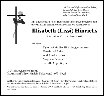 Traueranzeige von Elisabeth Hinrichs von Neue Osnabrücker Zeitung GmbH & Co. KG