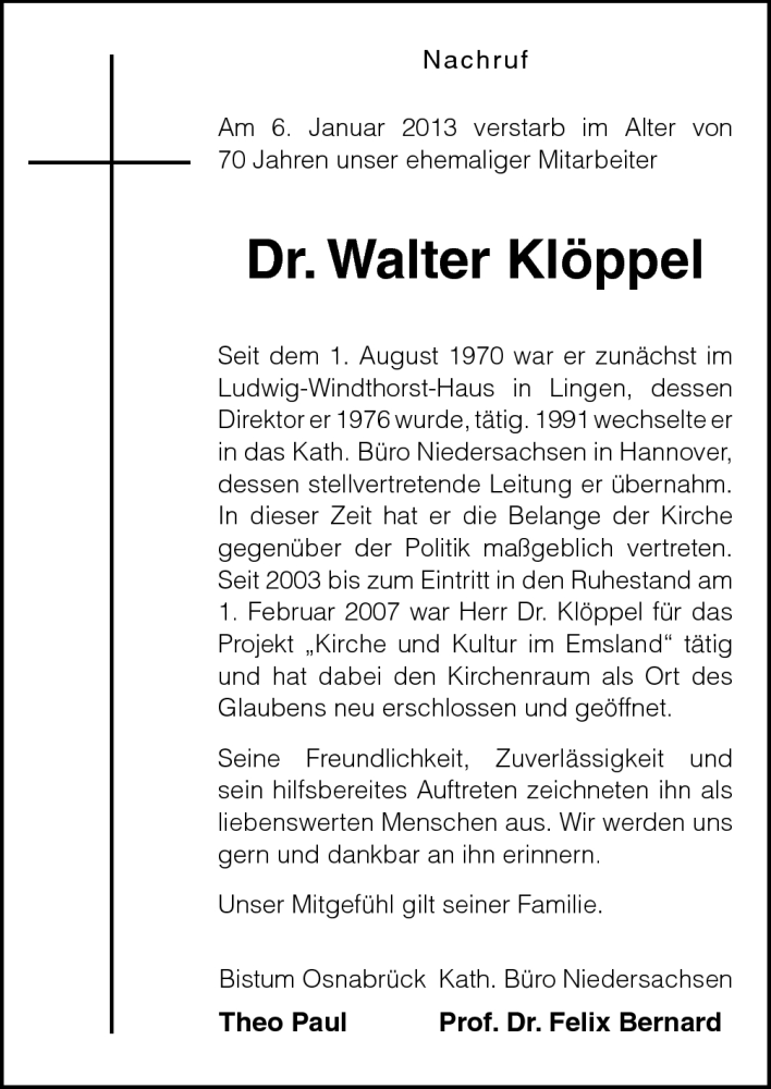  Traueranzeige für Walter Klöppel vom 10.01.2013 aus Neue Osnabrücker Zeitung GmbH & Co. KG