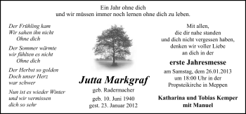Traueranzeige von Jutta Markgraf von Neue Osnabrücker Zeitung GmbH & Co. KG
