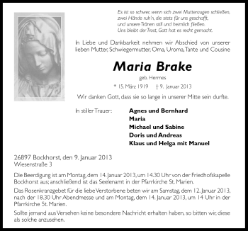 Traueranzeige von Maria Brake von Neue Osnabrücker Zeitung GmbH & Co. KG