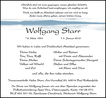 Traueranzeige von Wolfgang Starr von Neue Osnabrücker Zeitung GmbH & Co. KG