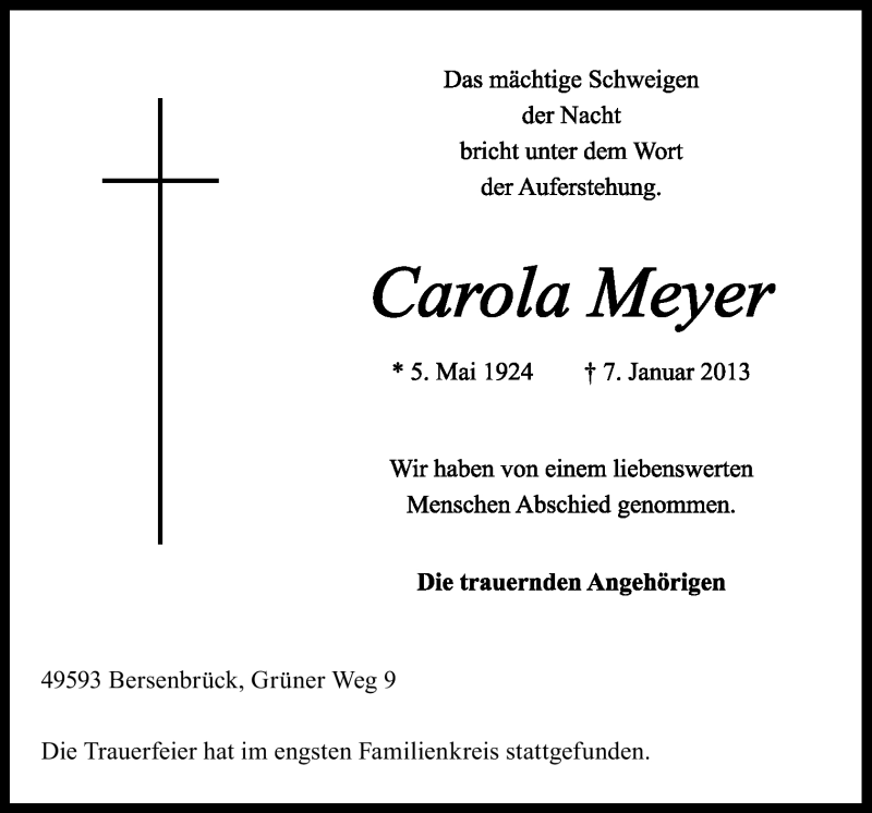  Traueranzeige für Carola Meyer vom 11.01.2013 aus Neue Osnabrücker Zeitung GmbH & Co. KG