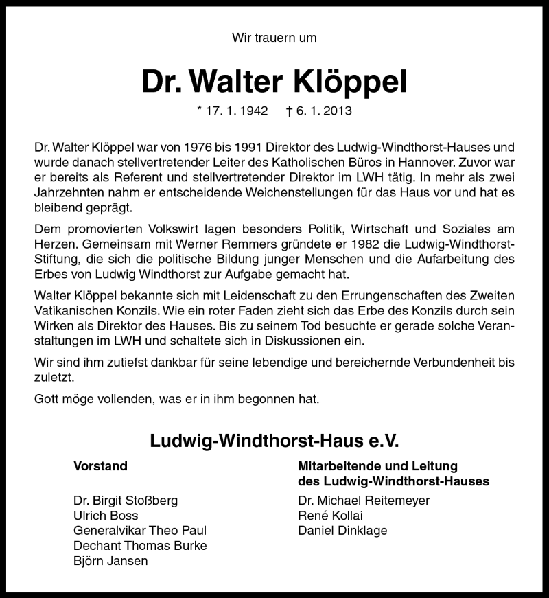  Traueranzeige für Walter Klöppel vom 12.01.2013 aus Neue Osnabrücker Zeitung GmbH & Co. KG