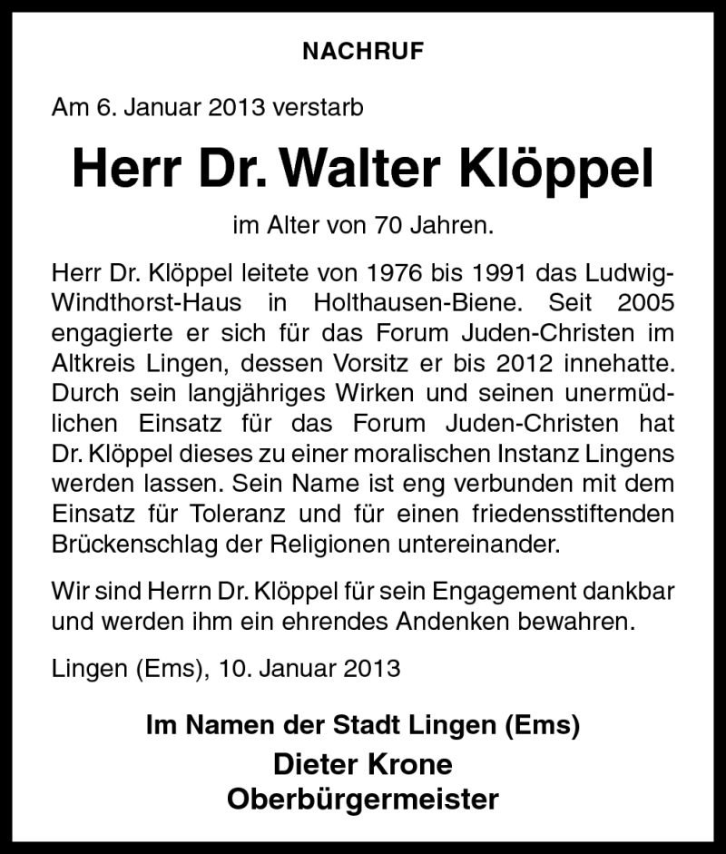  Traueranzeige für Walter Klöppel vom 11.01.2013 aus Neue Osnabrücker Zeitung GmbH & Co. KG