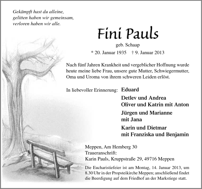  Traueranzeige für Fini Pauls vom 12.01.2013 aus Neue Osnabrücker Zeitung GmbH & Co. KG