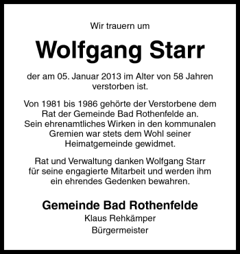 Traueranzeige von Wolfgang Starr von Neue Osnabrücker Zeitung GmbH & Co. KG