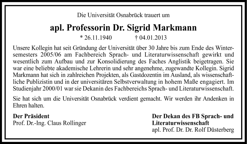  Traueranzeige für Sigrid Markmann vom 12.01.2013 aus Neue Osnabrücker Zeitung GmbH & Co. KG