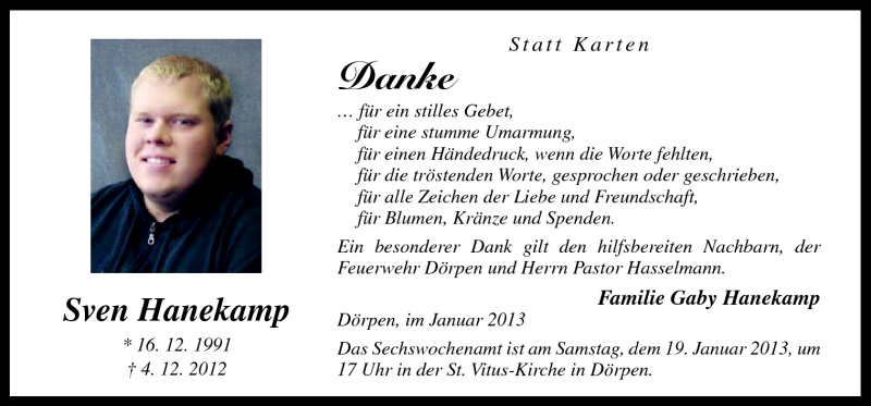  Traueranzeige für Sven Hanekamp vom 16.01.2013 aus Neue Osnabrücker Zeitung GmbH & Co. KG