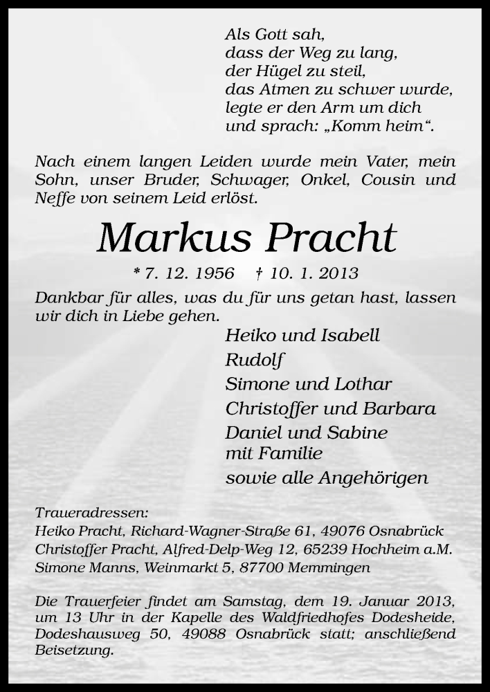  Traueranzeige für Markus Pracht vom 14.01.2013 aus Neue Osnabrücker Zeitung