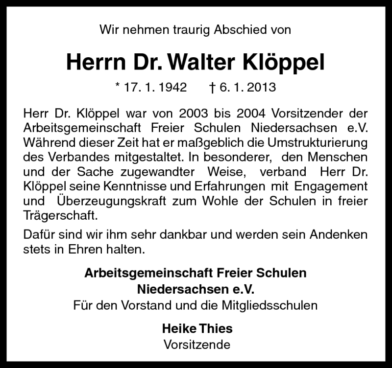  Traueranzeige für Walter Klöppel vom 15.01.2013 aus Neue Osnabrücker Zeitung GmbH & Co. KG