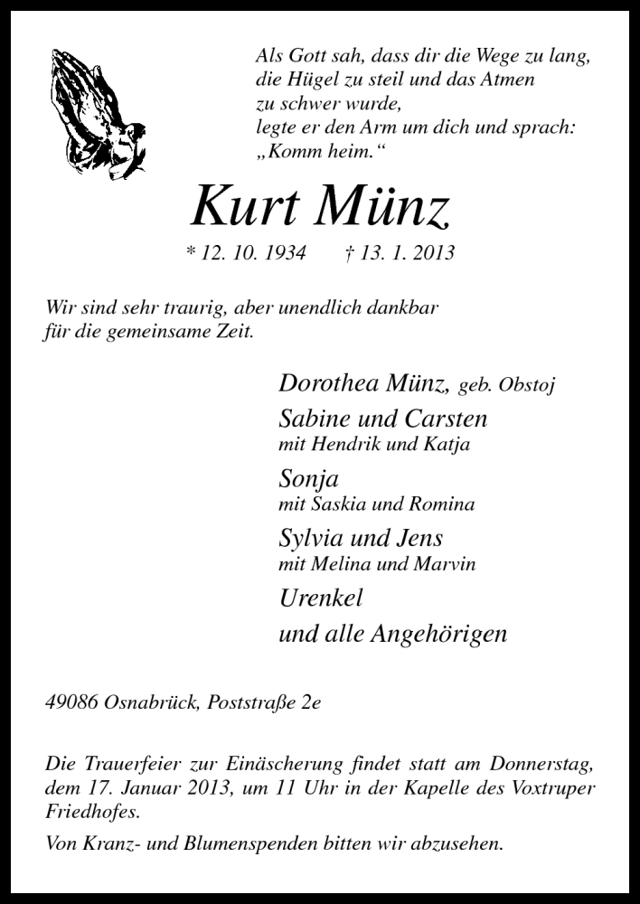  Traueranzeige für Kurt Münz vom 15.01.2013 aus Neue Osnabrücker Zeitung GmbH & Co. KG