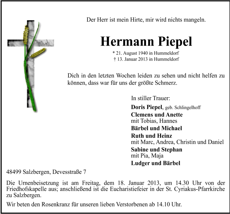  Traueranzeige für Hermann Piepel vom 15.01.2013 aus Neue Osnabrücker Zeitung GmbH & Co. KG