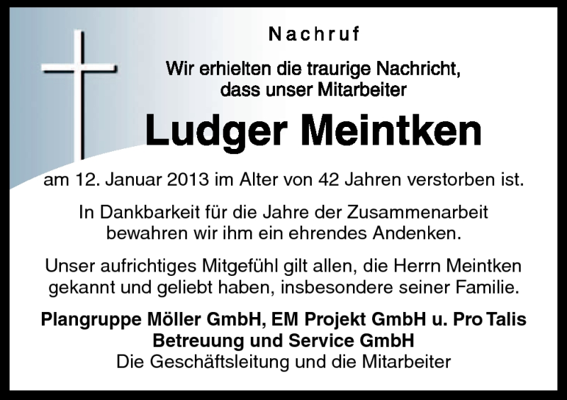  Traueranzeige für Ludger Meintken vom 17.01.2013 aus Neue Osnabrücker Zeitung GmbH & Co. KG