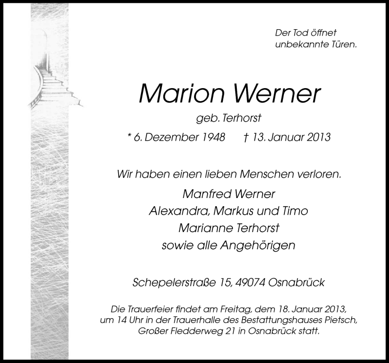  Traueranzeige für Marion Werner vom 16.01.2013 aus Neue Osnabrücker Zeitung GmbH & Co. KG