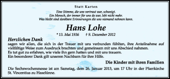 Traueranzeige von Hans Lohe von Neue Osnabrücker Zeitung GmbH & Co. KG