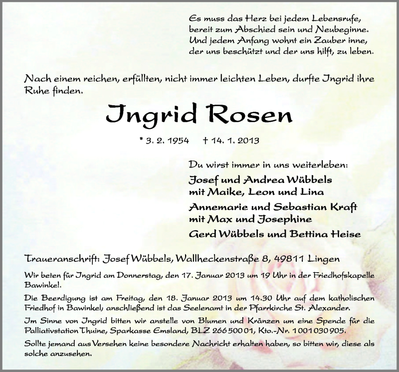  Traueranzeige für Ingrid Rosen vom 17.01.2013 aus Neue Osnabrücker Zeitung GmbH & Co. KG