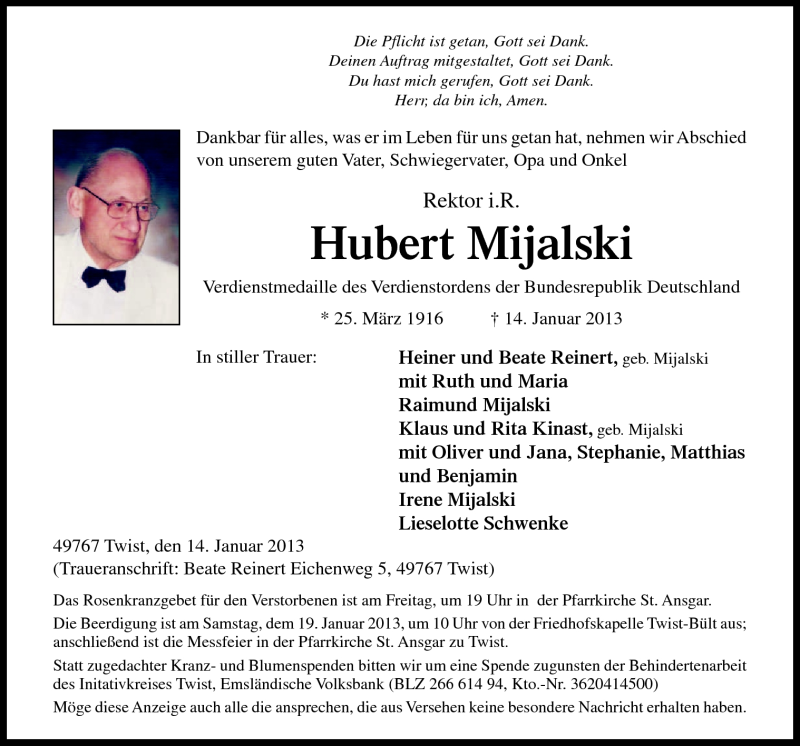  Traueranzeige für Hubert Mijalski vom 17.01.2013 aus Neue Osnabrücker Zeitung GmbH & Co. KG