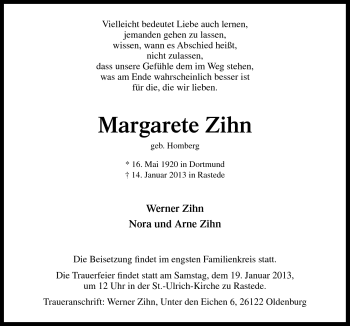 Traueranzeige von Margarete Zihn von Neue Osnabrücker Zeitung GmbH & Co. KG