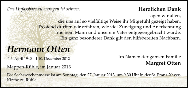  Traueranzeige für Hermann Otten vom 19.01.2013 aus Neue Osnabrücker Zeitung GmbH & Co. KG