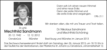 Traueranzeige von Mechthild Sandmann von Neue Osnabrücker Zeitung GmbH & Co. KG