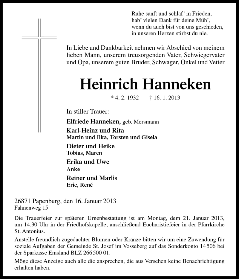  Traueranzeige für Heinrich Hanneken vom 18.01.2013 aus Neue Osnabrücker Zeitung GmbH & Co. KG