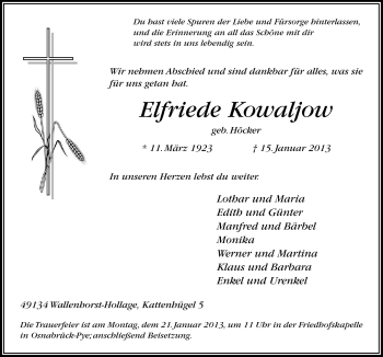 Traueranzeige von Elfriede Kowaljow von Neue Osnabrücker Zeitung GmbH & Co. KG