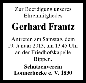 Traueranzeige von Gerhard Frantz von Neue Osnabrücker Zeitung GmbH & Co. KG