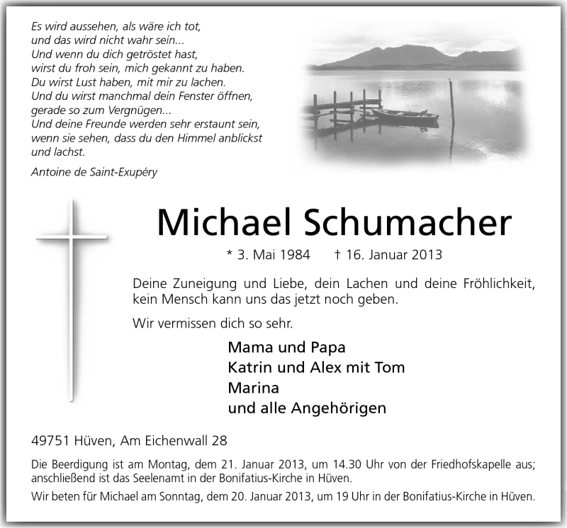  Traueranzeige für Michael Schumacher vom 18.01.2013 aus Neue Osnabrücker Zeitung GmbH & Co. KG