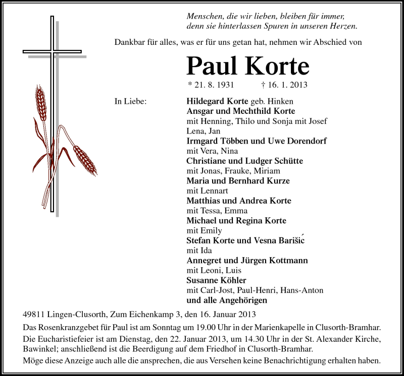  Traueranzeige für Paul Korte vom 19.01.2013 aus Neue Osnabrücker Zeitung GmbH & Co. KG