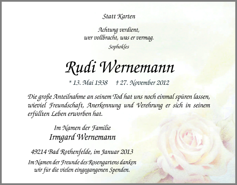  Traueranzeige für Rudi Wernemann vom 19.01.2013 aus Neue Osnabrücker Zeitung GmbH & Co. KG