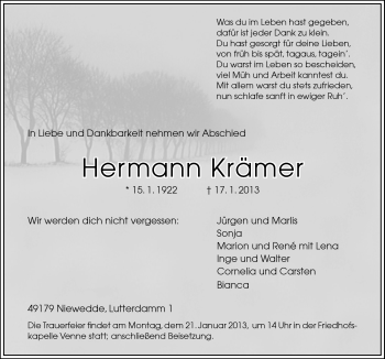 Traueranzeige von Hermann Krämer von Neue Osnabrücker Zeitung GmbH & Co. KG