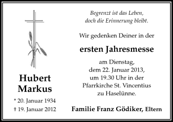 Traueranzeige von Hubert Markus von Neue Osnabrücker Zeitung GmbH & Co. KG