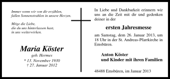 Traueranzeige von Maria Köster von Neue Osnabrücker Zeitung GmbH & Co. KG