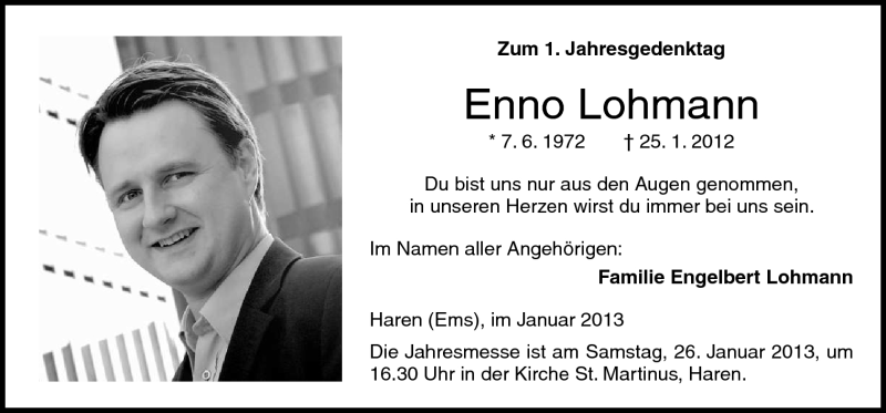  Traueranzeige für Enno Lohmann vom 23.01.2013 aus Neue Osnabrücker Zeitung GmbH & Co. KG