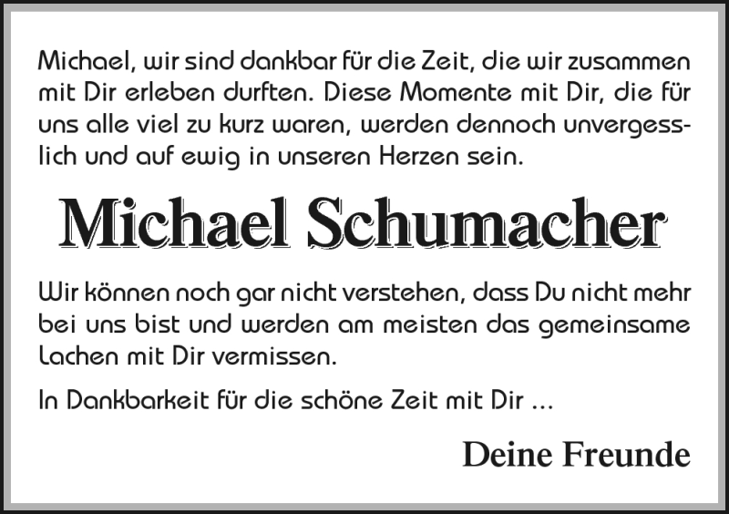  Traueranzeige für Michael Schumacher vom 19.01.2013 aus Neue Osnabrücker Zeitung GmbH & Co. KG