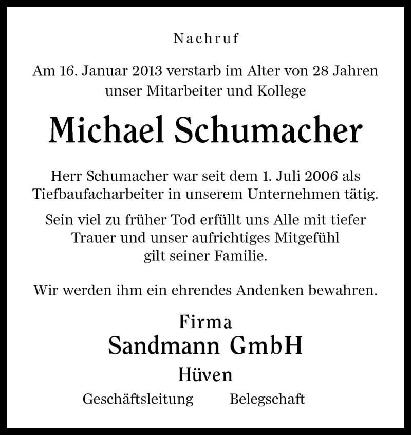  Traueranzeige für Michael Schumacher vom 19.01.2013 aus Neue Osnabrücker Zeitung GmbH & Co. KG