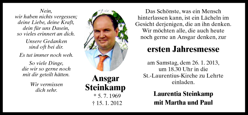  Traueranzeige für Ansgar Steinkamp vom 22.01.2013 aus Neue Osnabrücker Zeitung GmbH & Co. KG