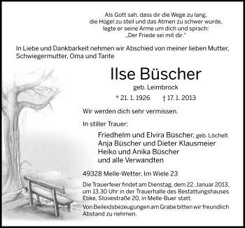 Traueranzeige von Ilse Büscher von Neue Osnabrücker Zeitung GmbH & Co. KG