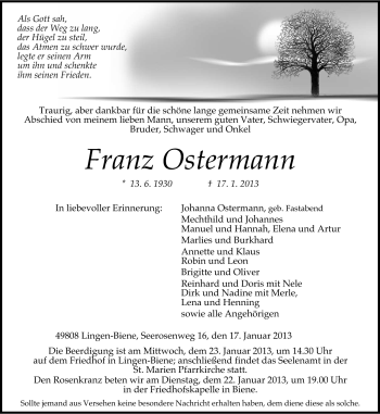 Traueranzeige von Franz Ostermann von Neue Osnabrücker Zeitung GmbH & Co. KG