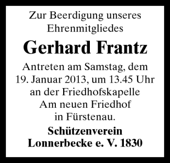 Traueranzeige von Gerhard Frantz von Neue Osnabrücker Zeitung GmbH & Co. KG